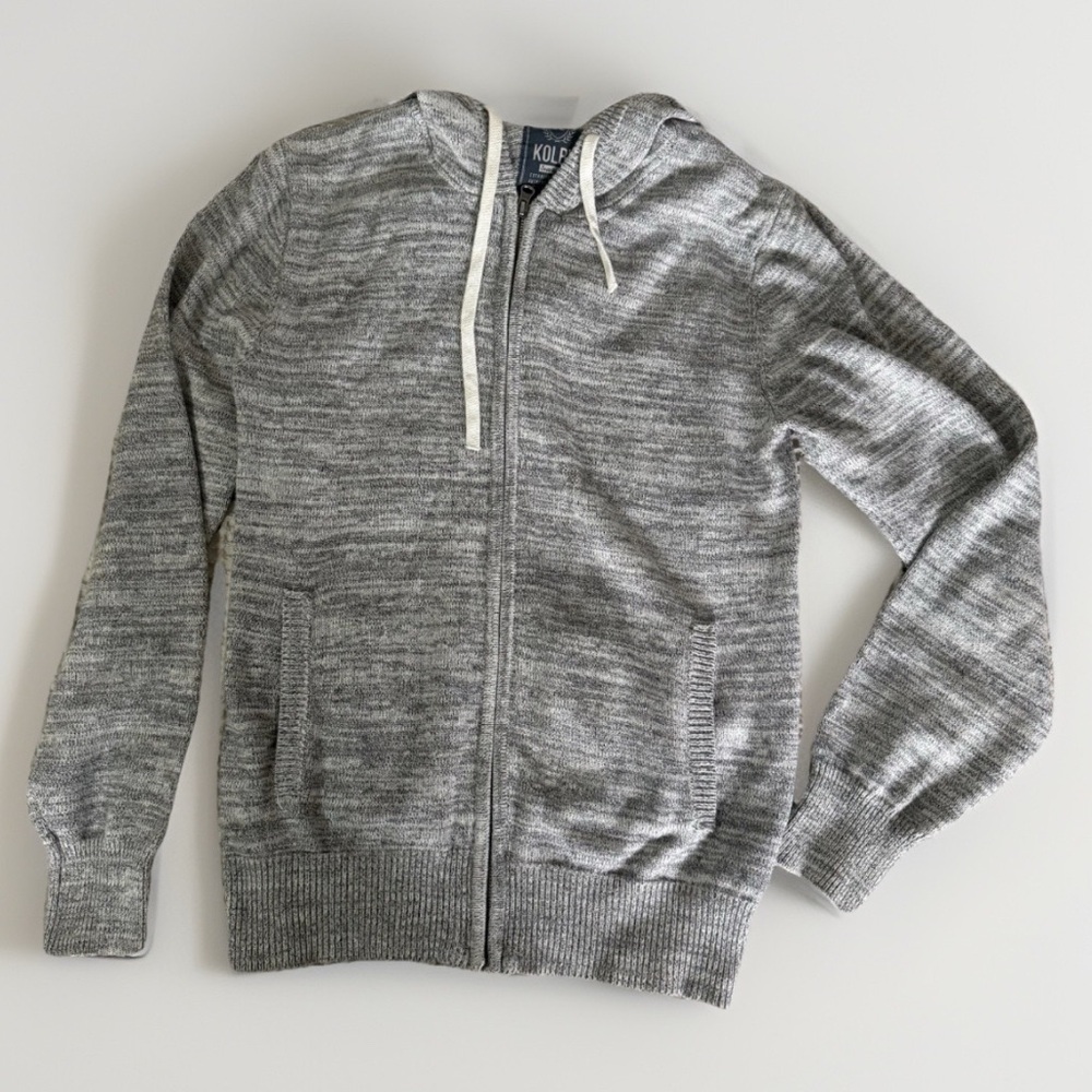 Men's/Unisex Kolby Sweater, Gray Marled Knit Full-Zip Hoodie Sweatshirt - Large